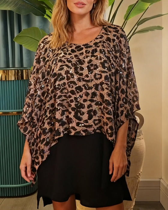 T-Shirt Leopardenmuster mit Pailletten Fledermausärmel