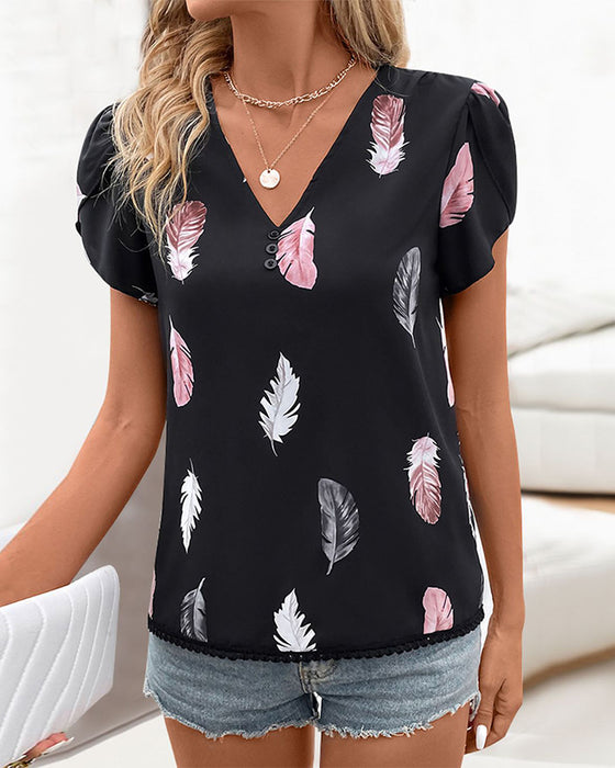 Bluse V-Ausschnitt Feder-Print