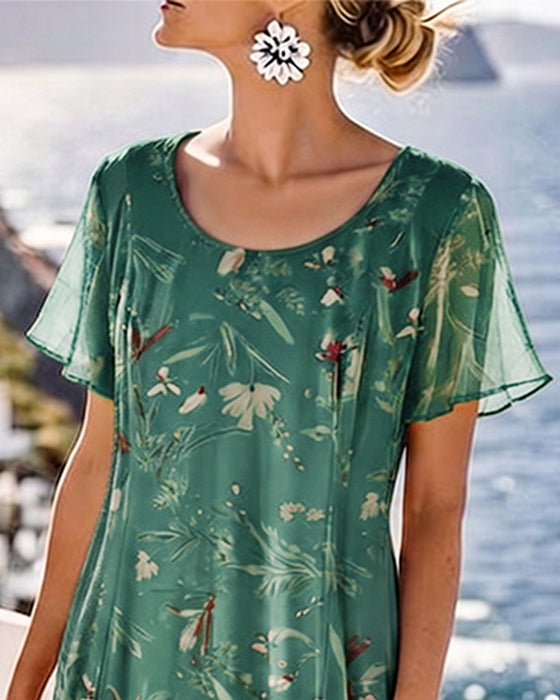 Kleid Blumig Rundhals Maxi