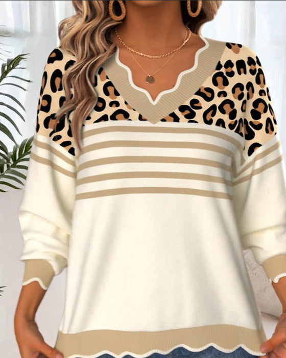 Pullover V-Ausschnitt Leopardenprint Kontrast