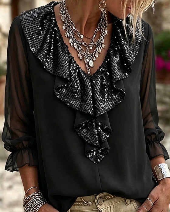 德语 (German) Bluse Stilvoll V-Ausschnitt Spitzenbesatz Sheer