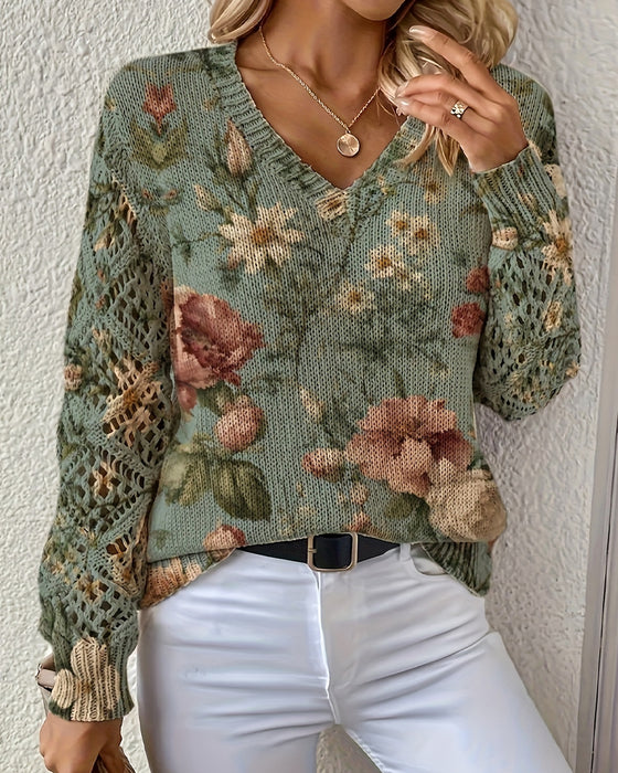Pullover Jacquard V-Ausschnitt Durchbrochen Langärmelig