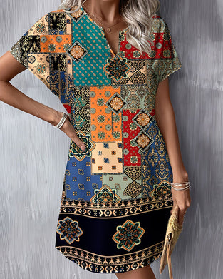 Kleid Ethno Farbblock Kurzarm