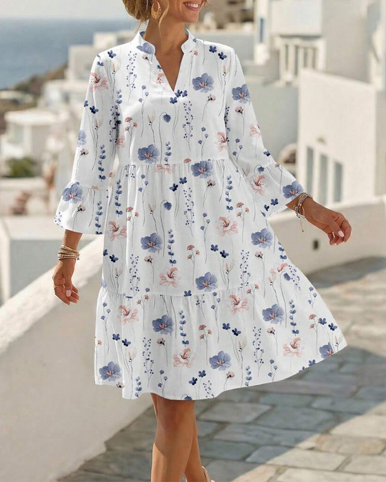 Kleid V-Ausschnitt Blumig Druck Midi