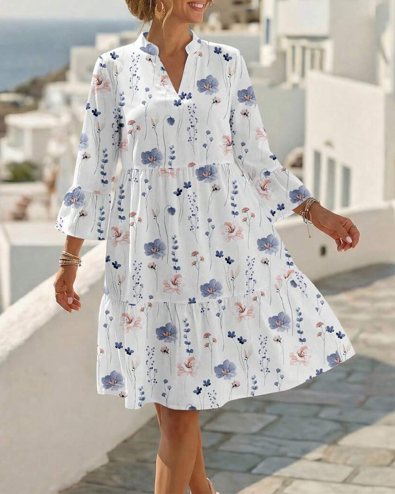 Kleid V-Ausschnitt Blumig Druck Midi