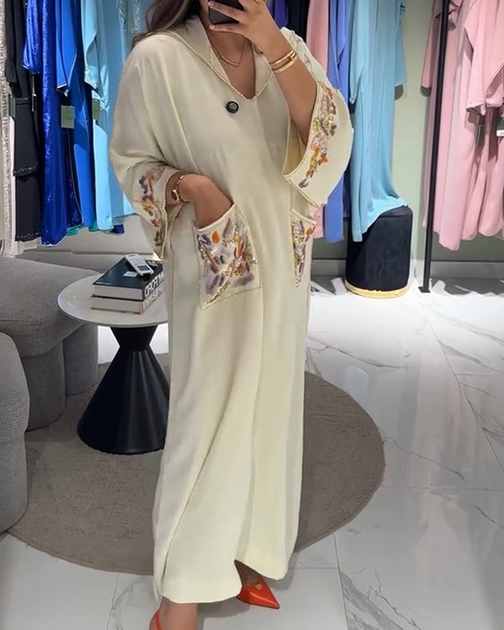 Kleid Mit Kapuze Bestickt Locker Zwei Taschen