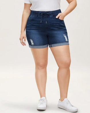 Shorts Elastische Taille Zerrissene Jeans