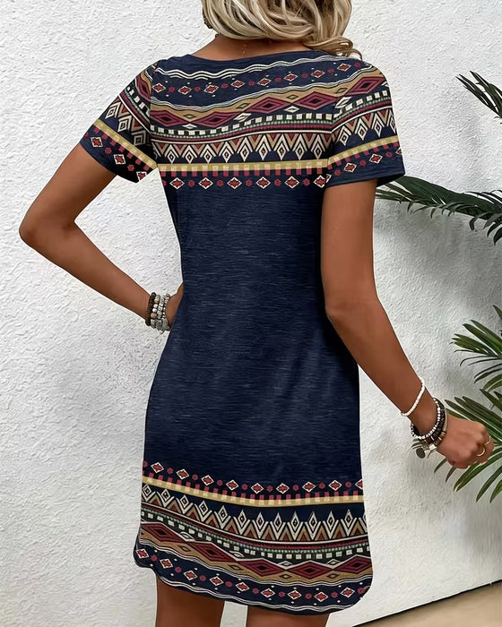 Kleid U-Ausschnitt Ethnisch Farbblock A-Linie