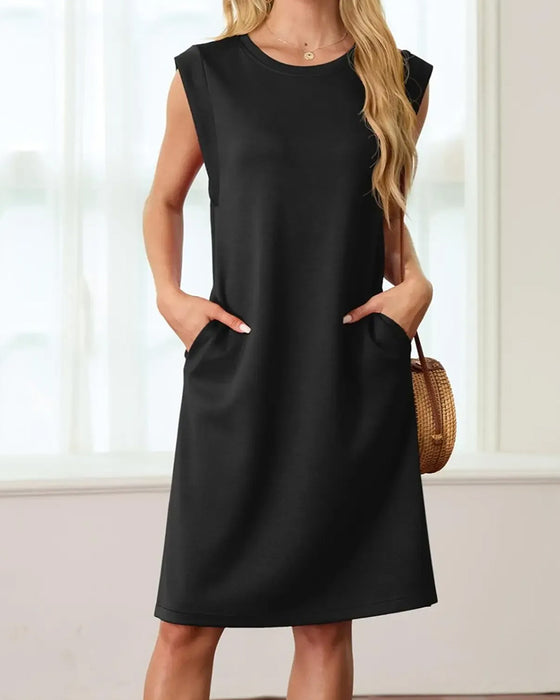 Kleid Rundhals Ärmellos Schlitz Uni