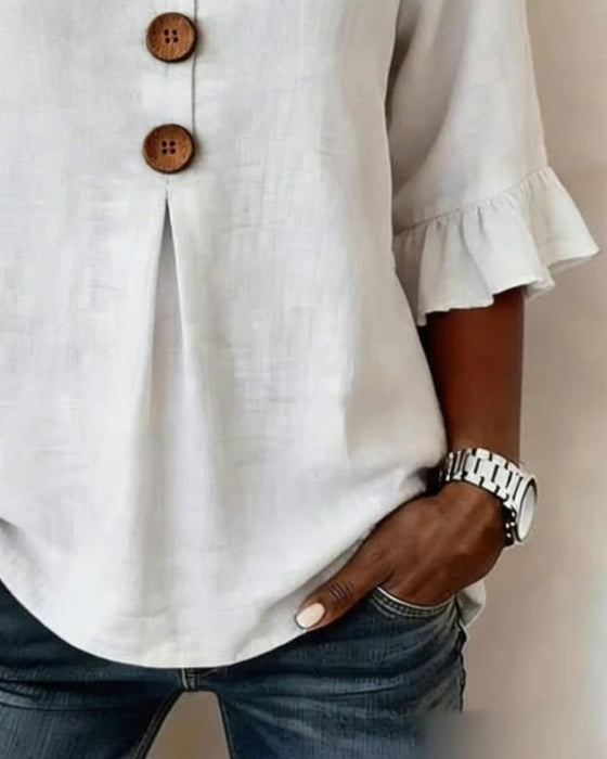 Blusen Einfarbig Baumwollleinen Holzknöpfe Rüschen
