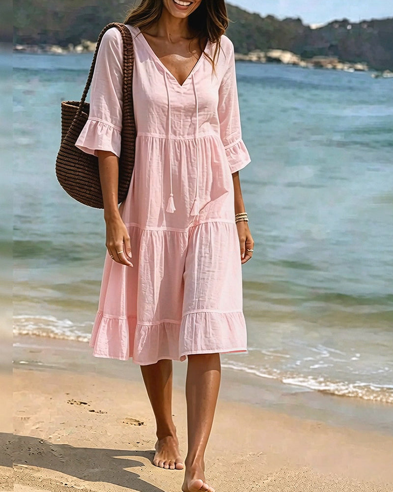 Kleid Ausgestellt Halbarm Bindegürtel