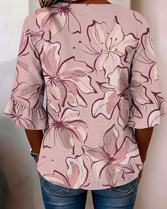 Bluse V-Ausschnitt Blumen Rüsche 3/4-Arm