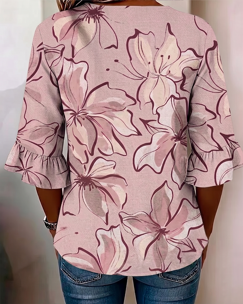 Bluse V-Ausschnitt Blumen Rüsche 3/4-Arm