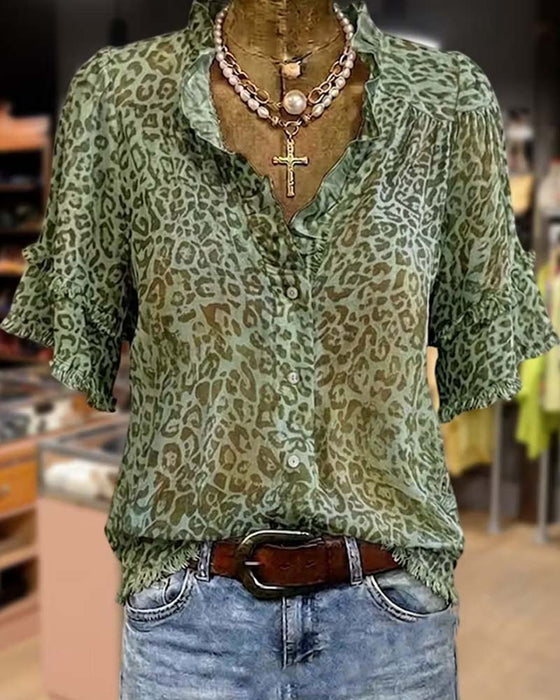 Bluse Grünton Leopard Druck Rüsche