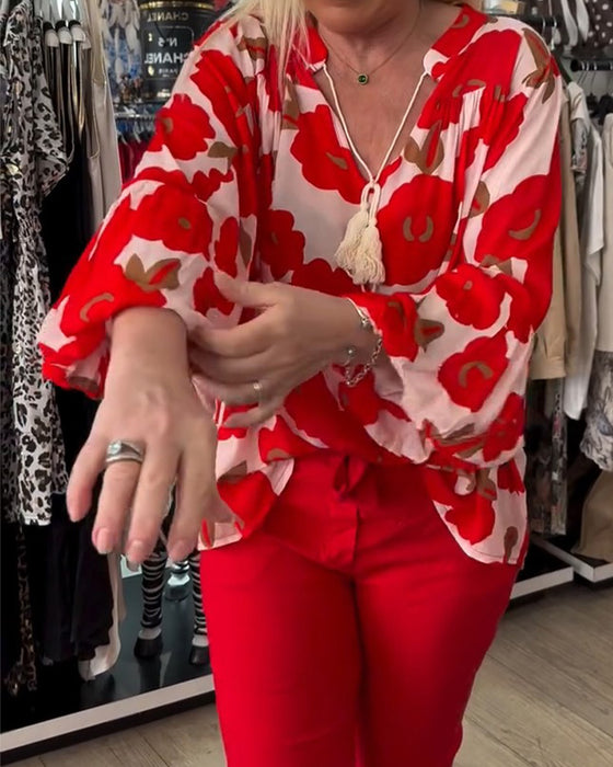 Bluse Große Blume Bindung V-Ausschnitt