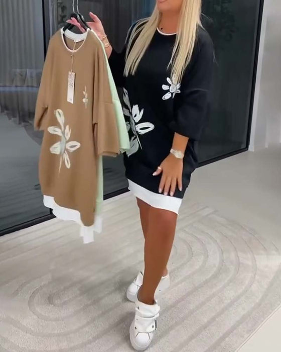 Sweatshirt-Kleid Rundhals bedruckt Patchwork
