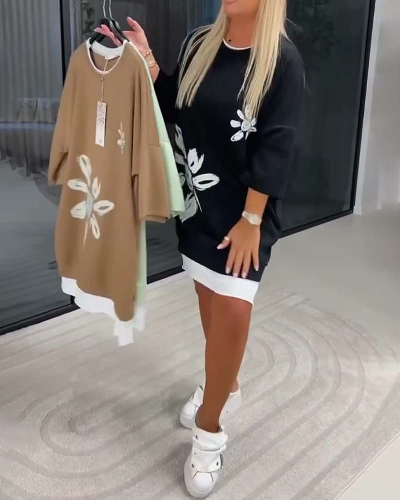 Sweatshirt-Kleid Rundhals bedruckt Patchwork