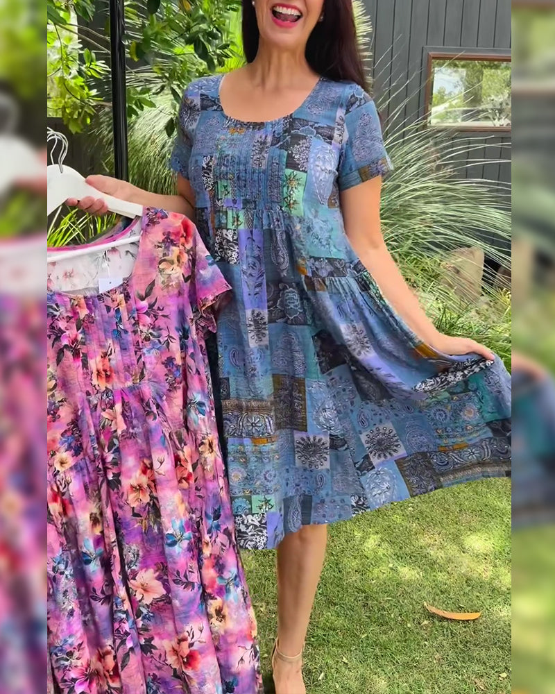 Kleid Rundhals plissiert bedruckt A-Linie