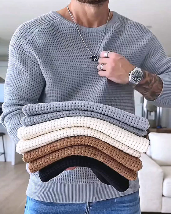 Pullover Herren Rundhalsausschnitt Waffel Langarm