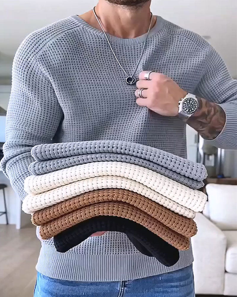 Pullover Herren Rundhalsausschnitt Waffel Langarm