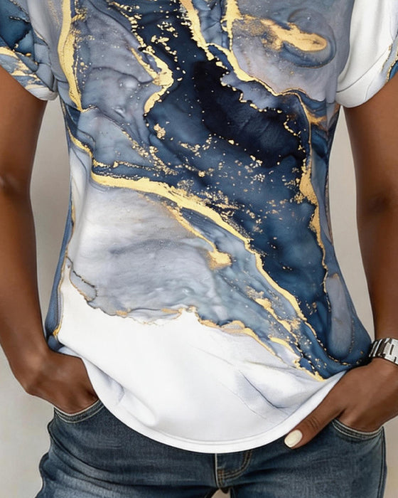 T-Shirt Marmor Druck V-Ausschnitt