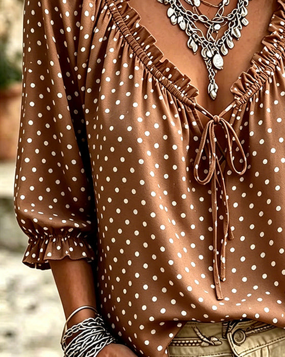 Bluse V-Ausschnitt Rüsche Polka Dot Bindung