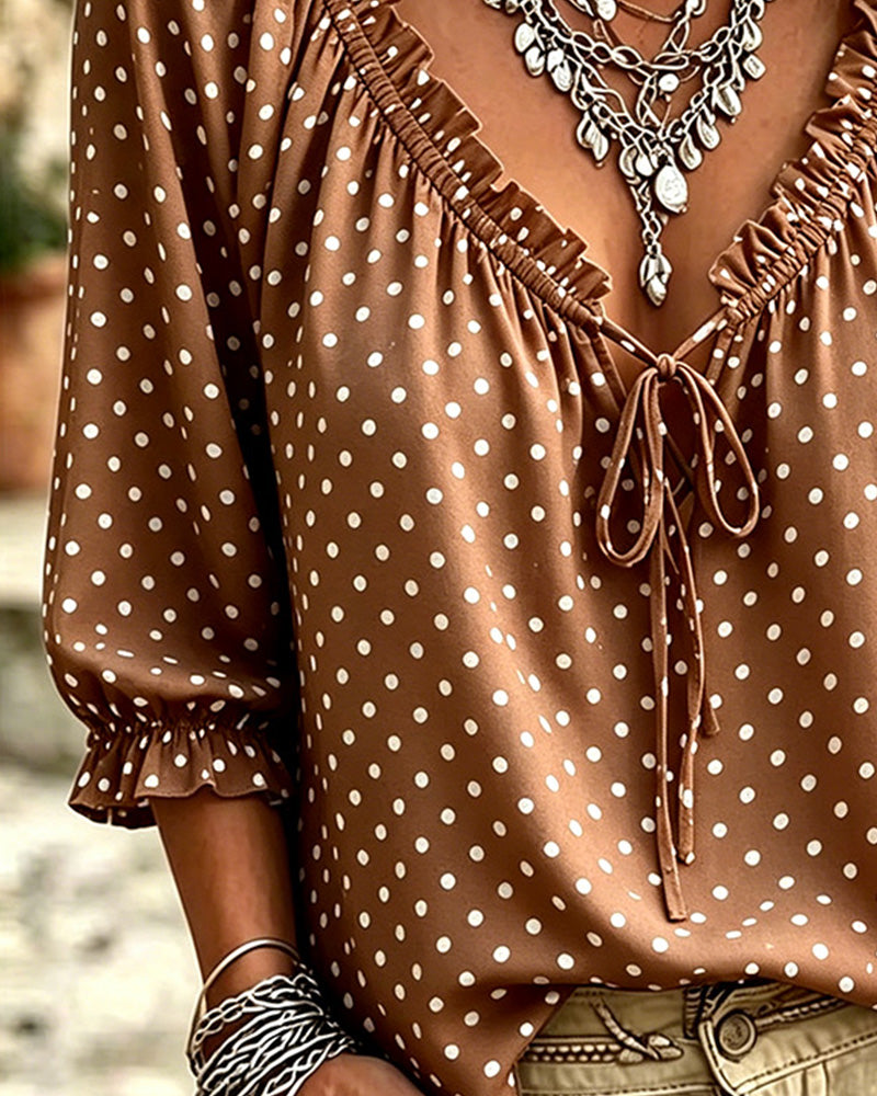 Bluse V-Ausschnitt Rüsche Polka Dot Bindung