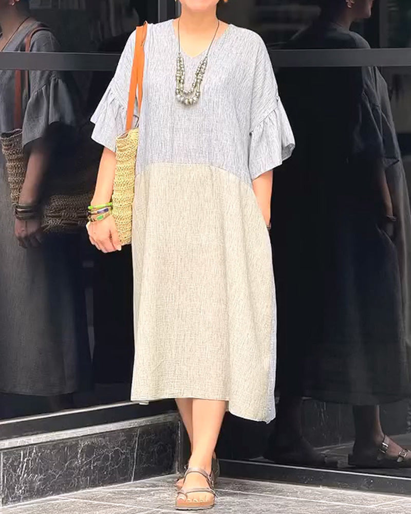 Kleid V-Ausschnitt Rüsche Ärmel Locker