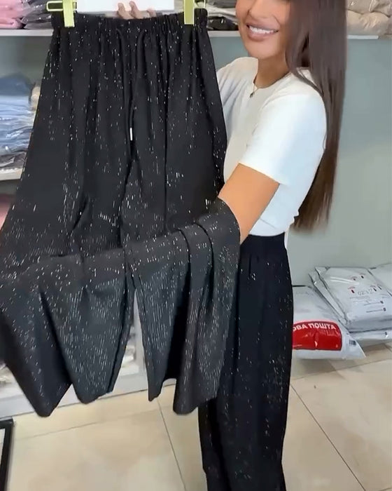 Hose Stilvoll Hohe Taille Glänzend Weit Geschnitten