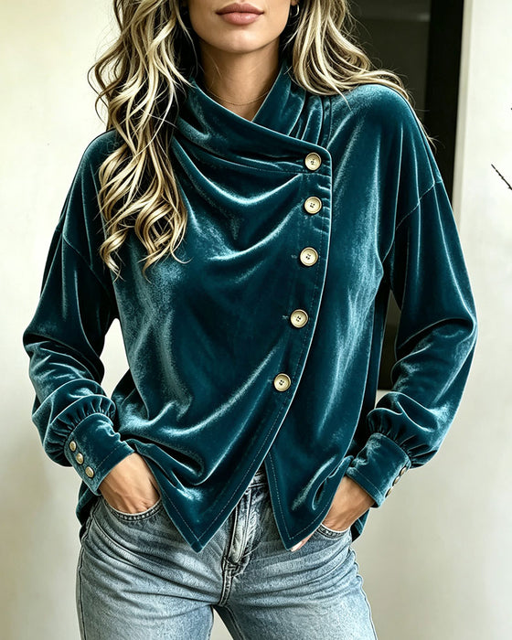 Bluse Rollkragen Schlitz Kreuz Knopf