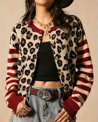 Strickjacke Leopardenstreifen Farbblock Knopf