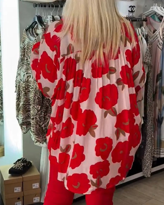 Bluse Große Blume Bindung V-Ausschnitt