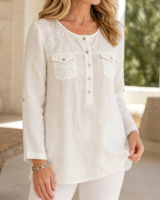 Bluse Rundhals Knopfleiste Langarm