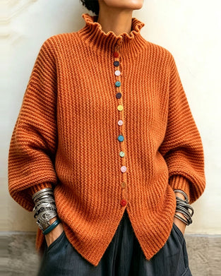 Pullover Farbe Knopf Rüsche Besatz Gestrickt