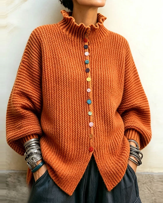 Pullover Farbe Knopf Rüsche Besatz Gestrickt