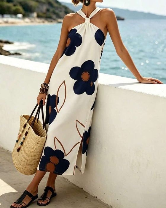 Kleid Kreuz Halter Blumig Schlitz Maxi