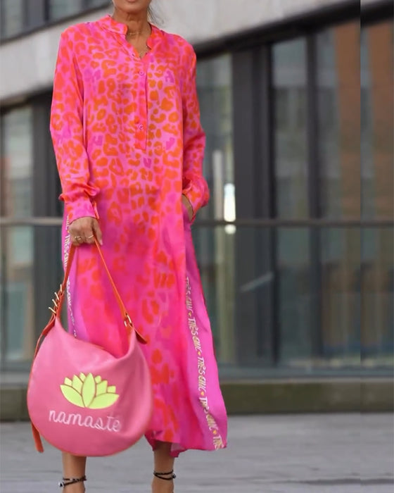 Kleid Langarm Leopardenmuster Schlitz