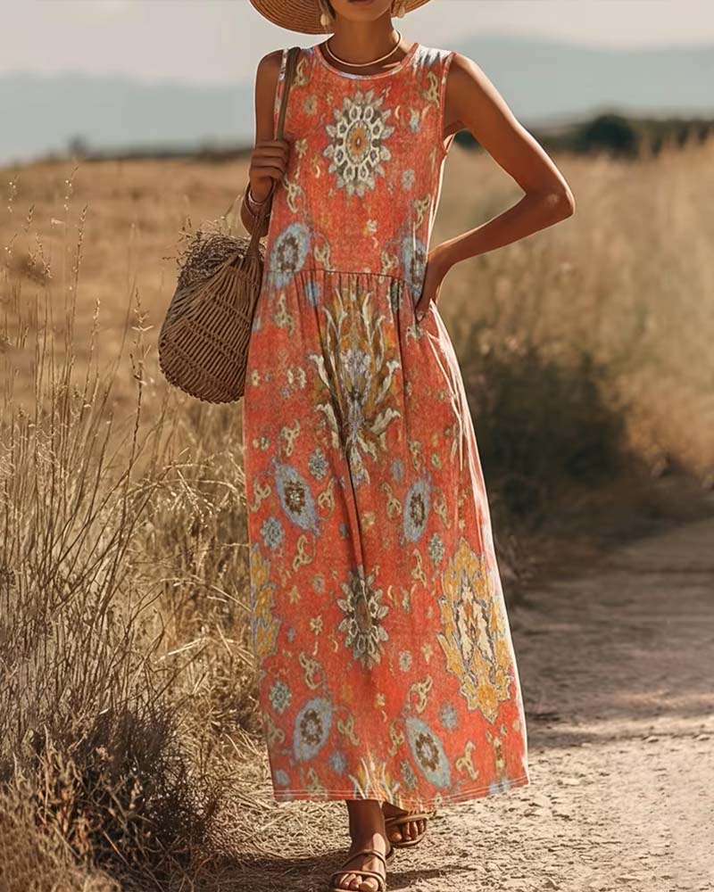 Kleid Ethno-Druck Ärmellos Lang
