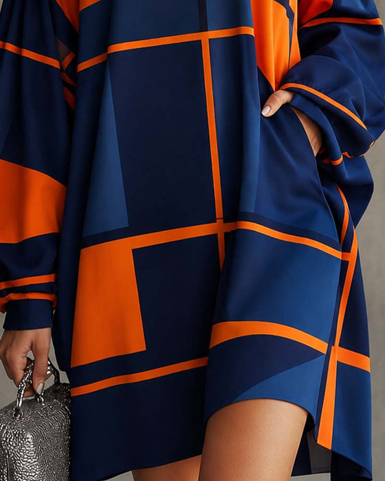 Kleid Kontrastfarbe Rollkragenlaterne Ärmel