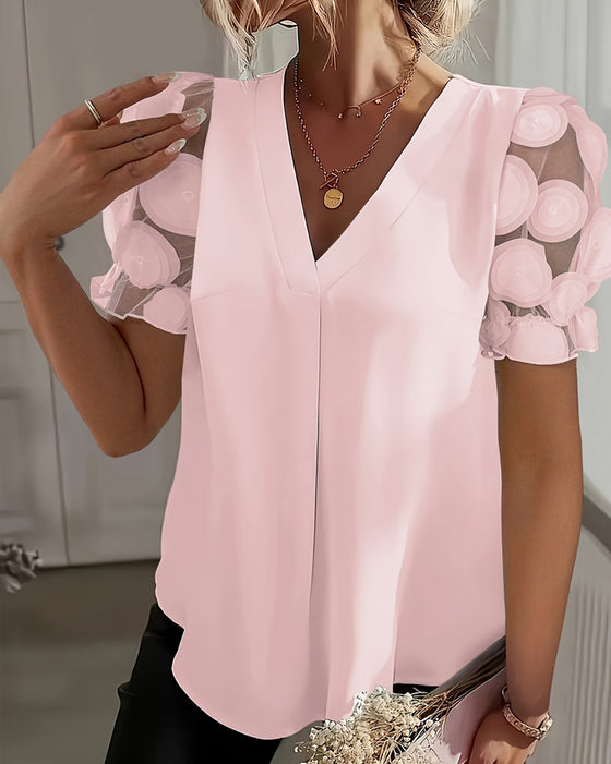 Bluse Puffärmel Mesh V-Ausschnitt