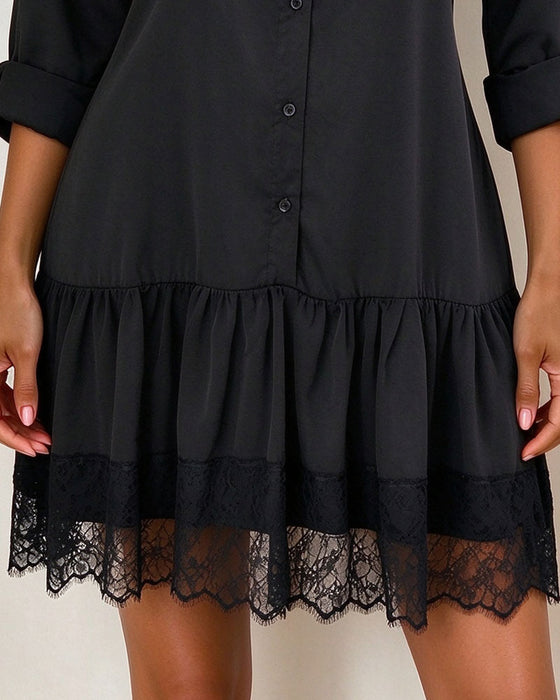 Kleid Stehkragen Patchwork Spitzenbesatz