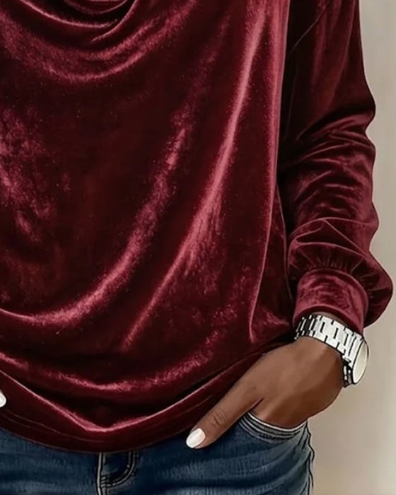 Bluse Samt Bardot Cowl Neck Langarm