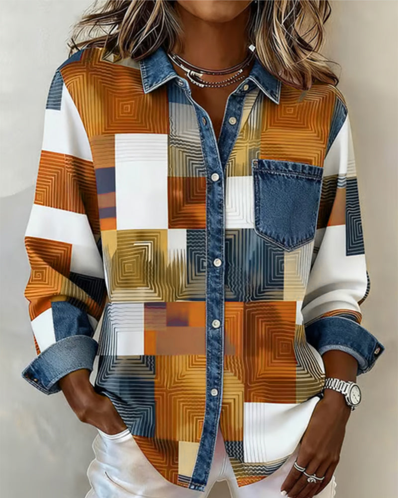 Farbblock Hemd Modischer Revers