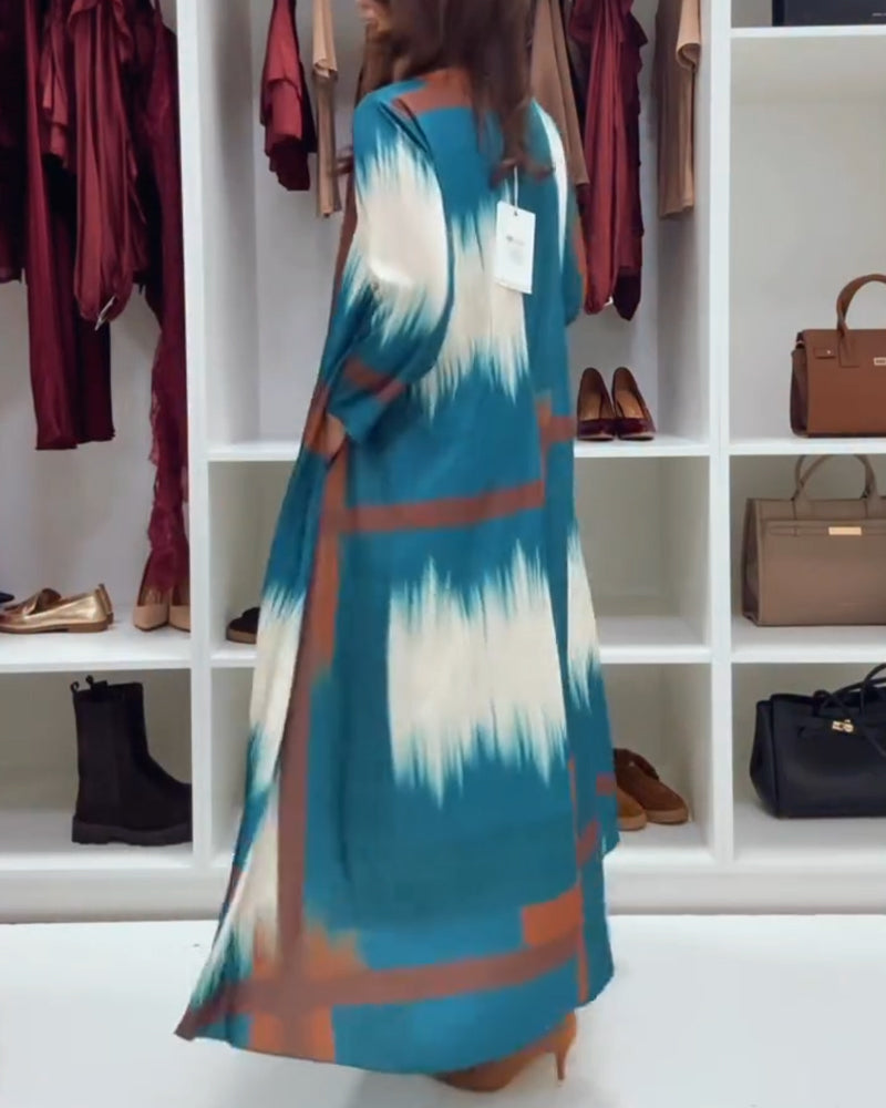 Modisches bedrucktes Kleid mit Rundhalsausschnitt und langen Ärmeln