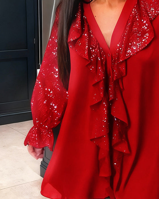 Unifarbene lockere Blusen mit Rüschen