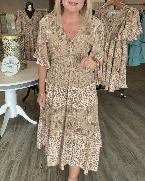 Kleid V-Ausschnitt Lotusärmel Blume