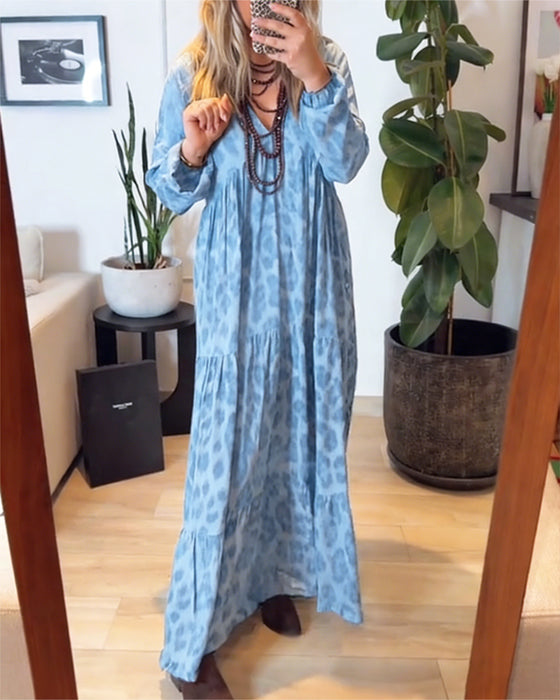 Kleid V-Ausschnitt Leopardenmuster Mode Maxi