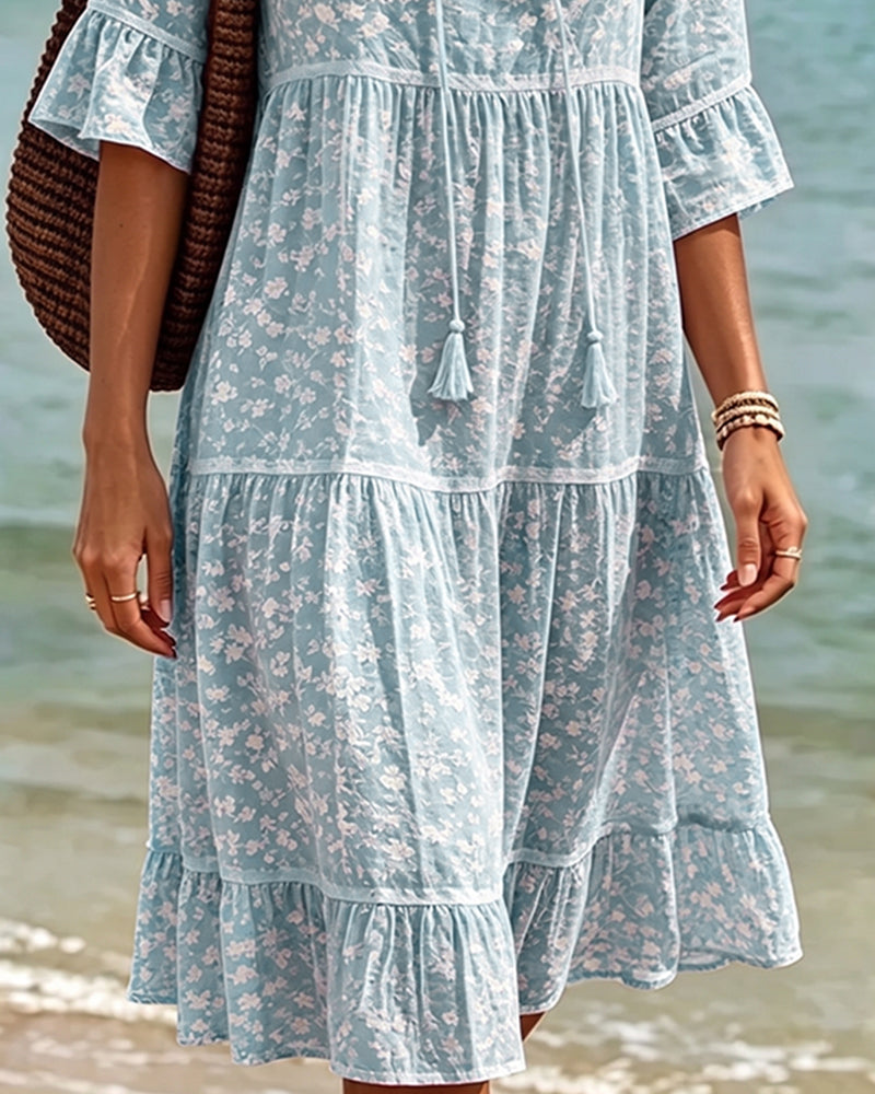 Kleid Binden V-Ausschnitt Rüsche Blumig A-Linie