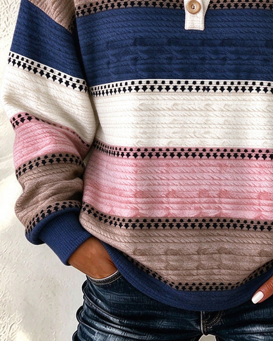 Sweatshirt V-Ausschnitt Knopf Farbblock Gestreift