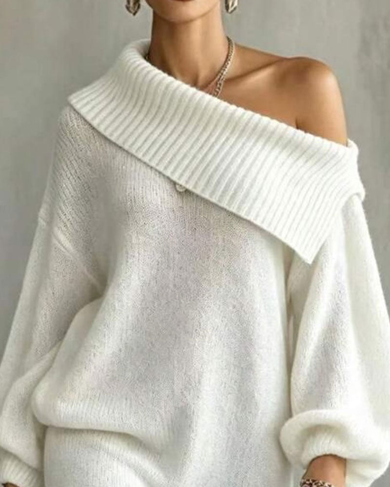 Strickkleid Schräger Ausschnitt Laternenärmel Patchwork Spitze